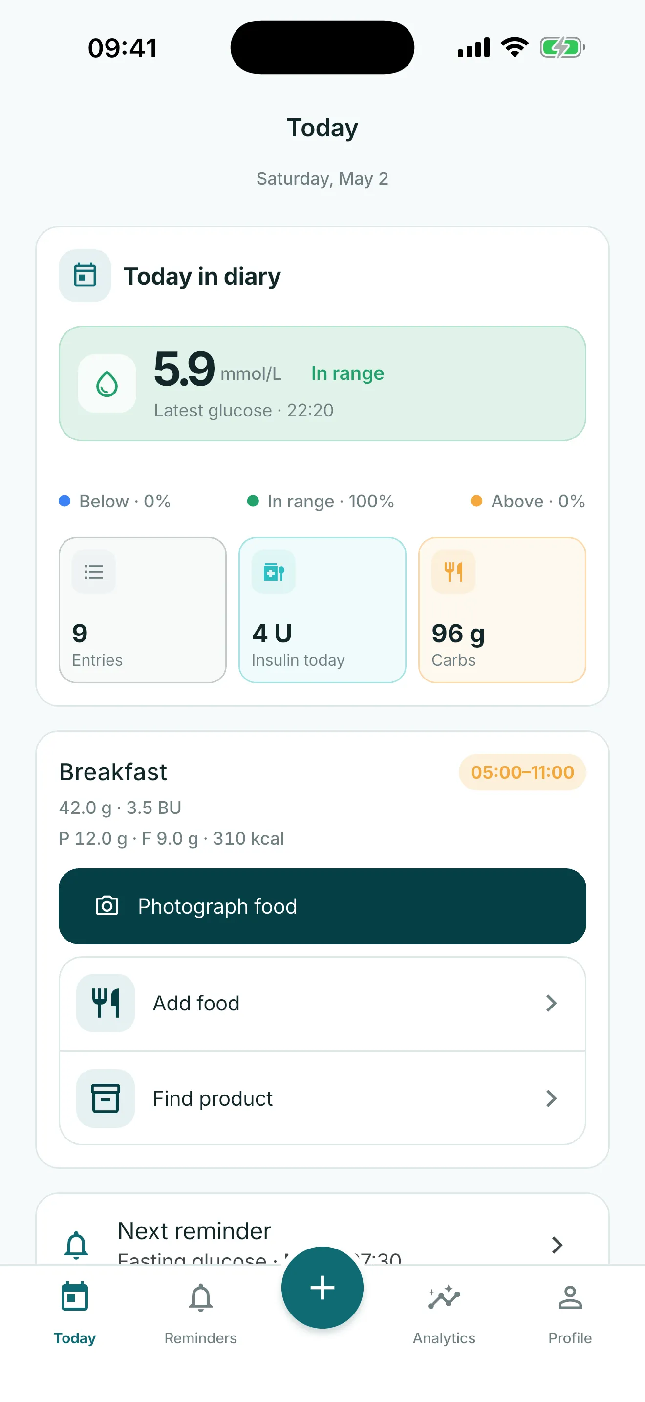 Glytrio diary screen with glucose summary and daily timeline