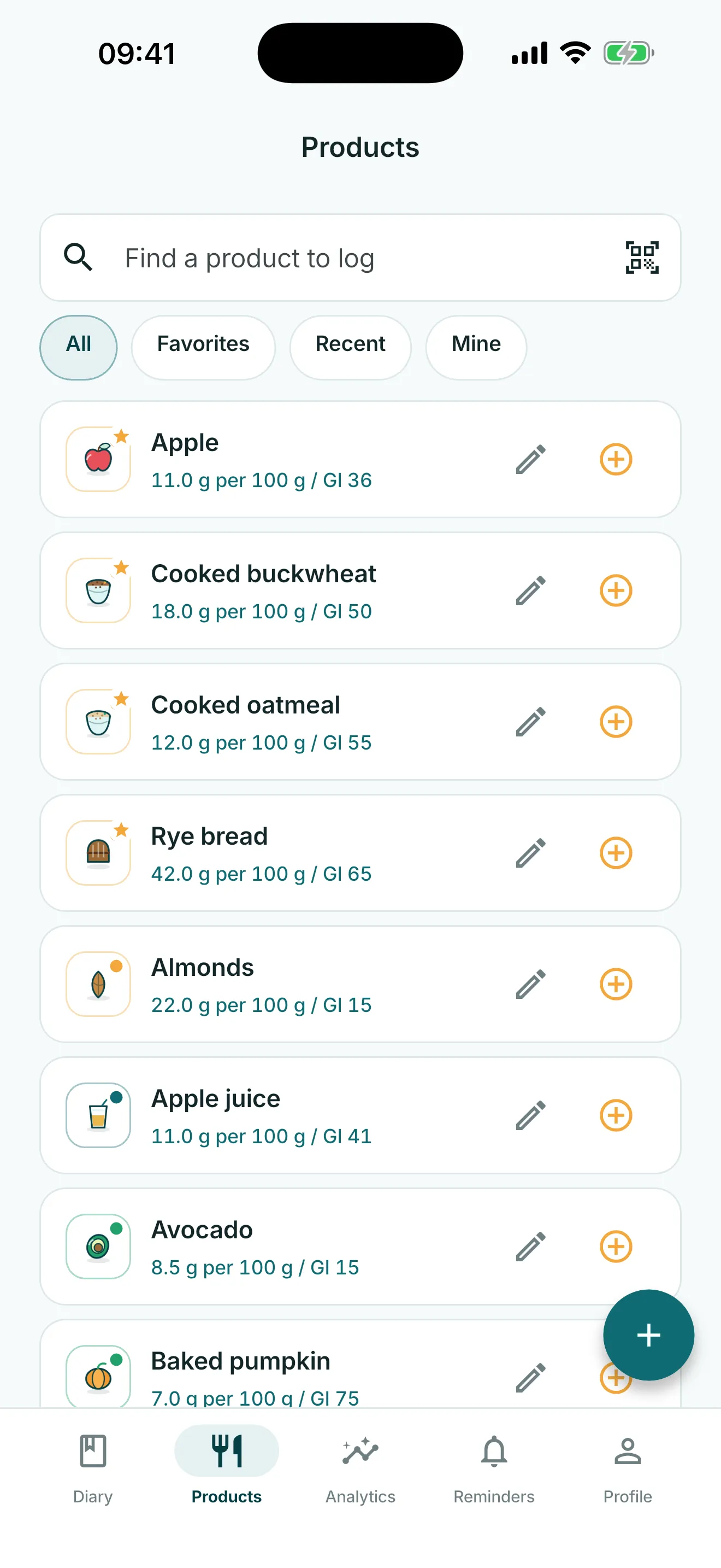 Glytrio Products screen with food catalogue, favorites and barcode entry