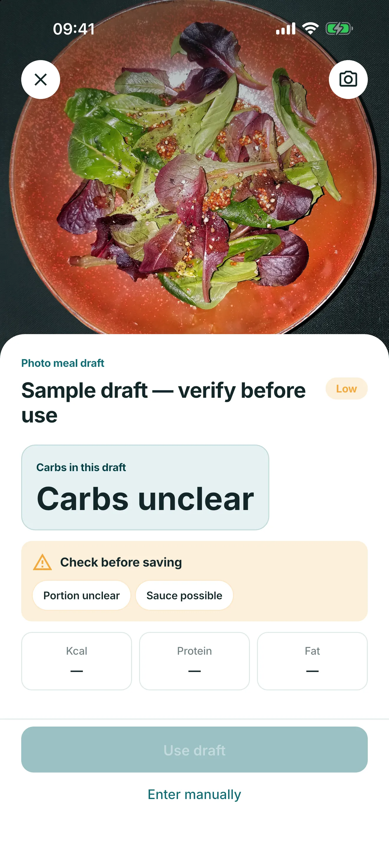 Glytrio photo-review screen showing a sample draft with unknown portions and no carbohydrate total